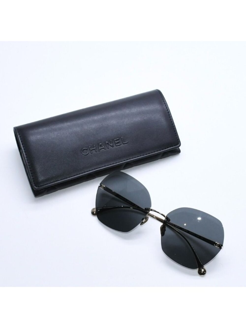 Chanel Rimless Sunglasses Eyewear CC Logo Black Gold